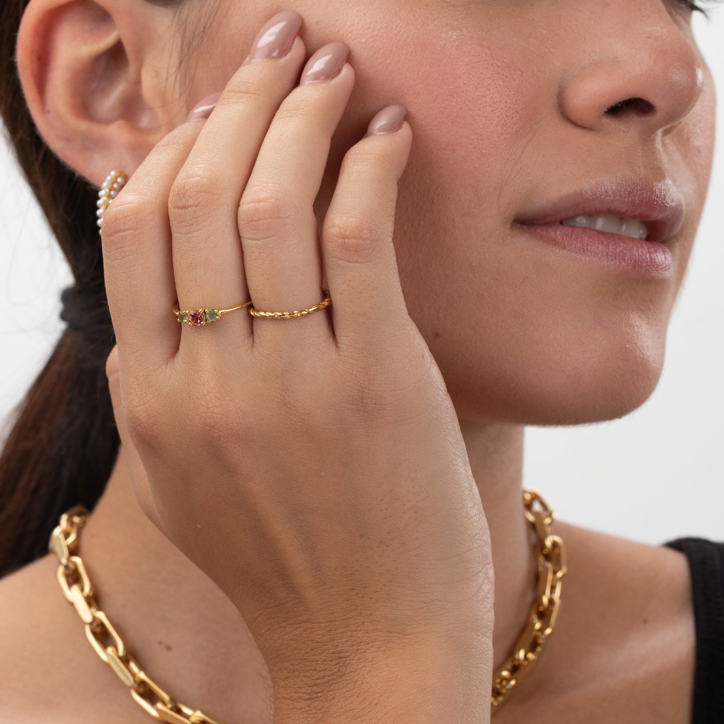 Anillo 3 Minerales Turmalina Plata de ley / Baño de oro 18k
