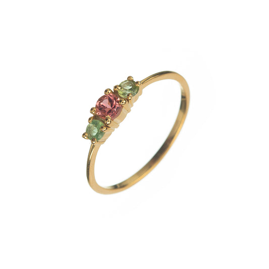 Anillo 3 Minerales Turmalina Plata de ley / Baño de oro 18k