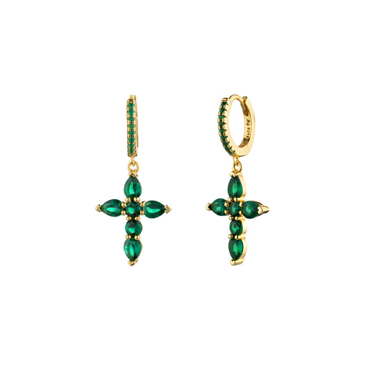 Pendientes Aro Cruz Circonita Plata de ley / Baño de oro 18k