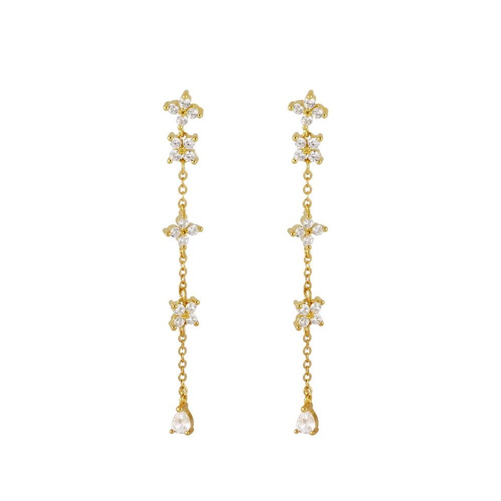 Pendientes Flor Largo Plata de ley / Baño de oro 18k